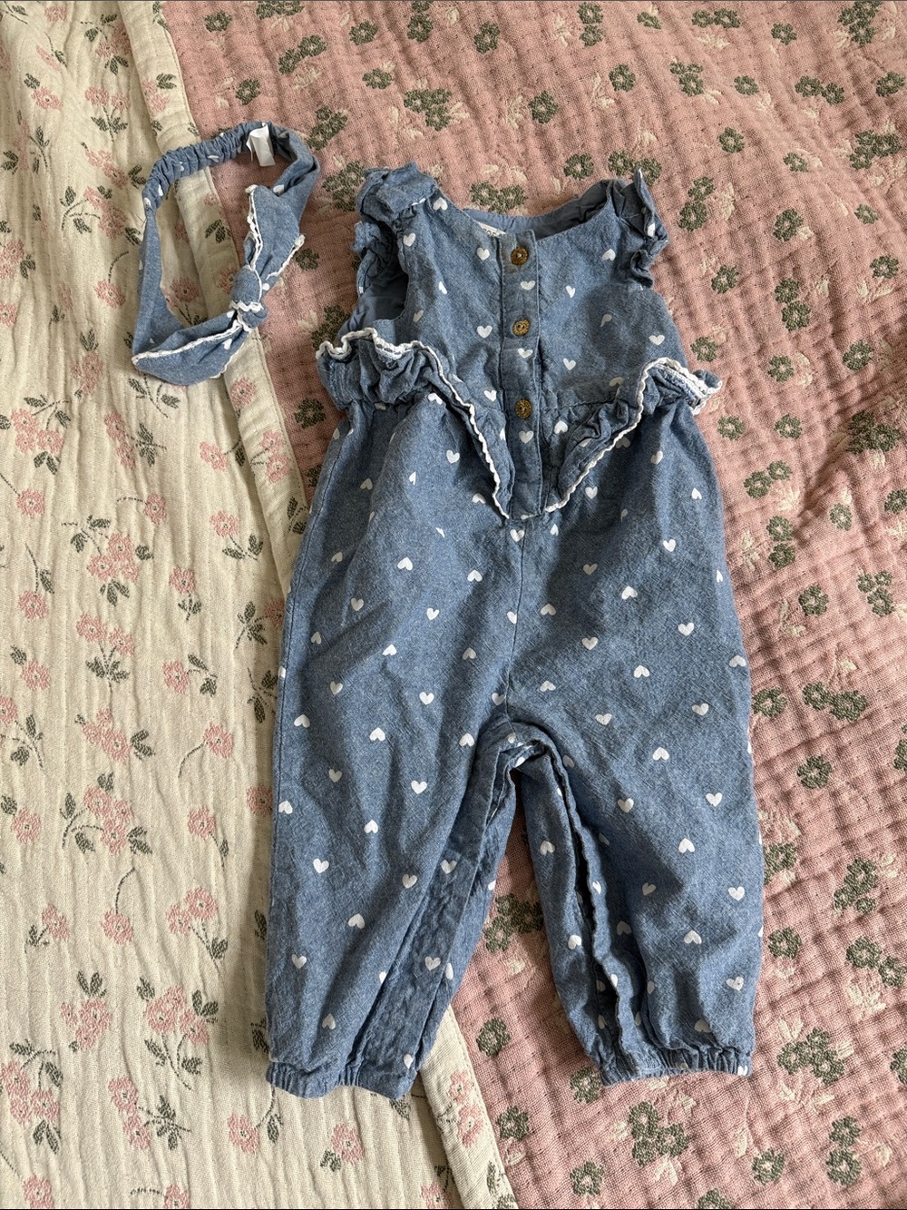 Rachel Zoe Blue Heart-Print Denim One-Piece with Headband